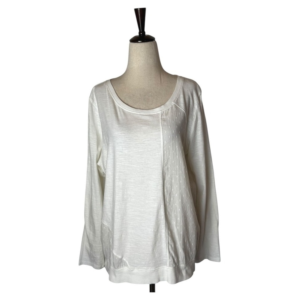 Sundance Shirt Women Large White Cotton Mixed Print Knit Long Sleeve Tee Boho